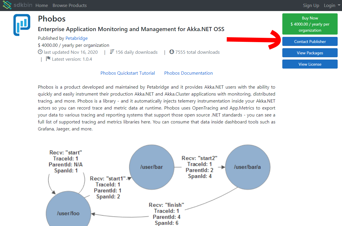 Viewing the product homepage for a specific product on Sdkbin
