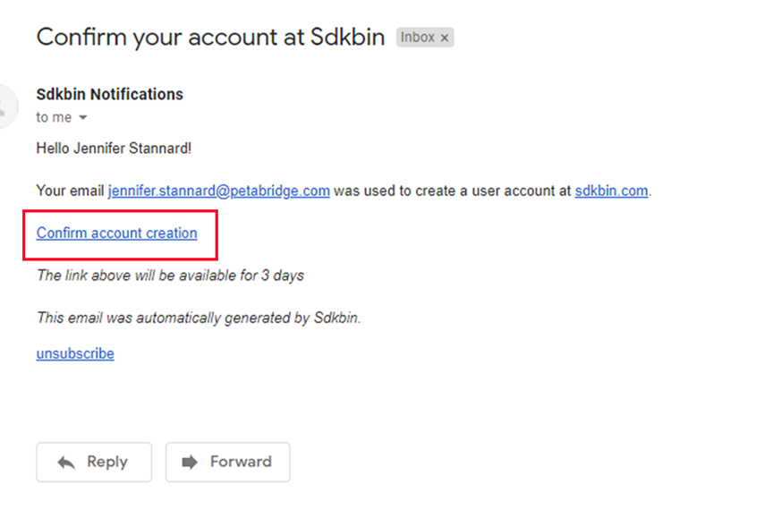 Confirming your Sdkbin account's email address