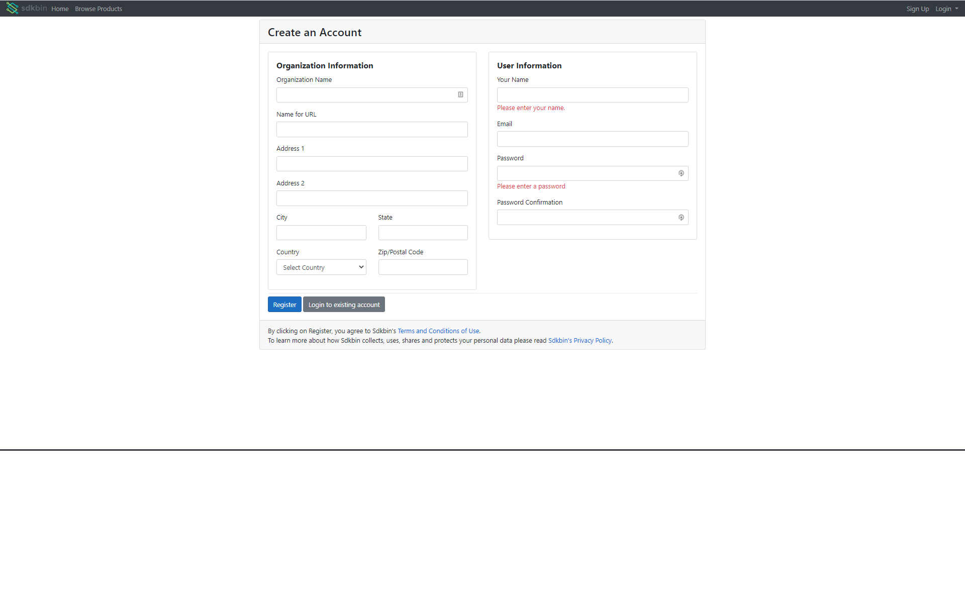 Sdkbin Account Registration Page