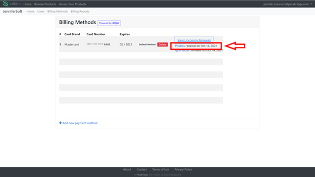 Viewing an upcoming renewal for one of the products associated with this billing method.