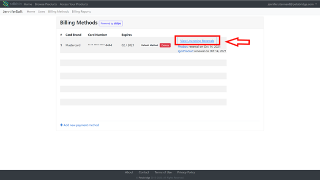 Viewing upcoming renewals for a specific subscription on Sdkbin.
